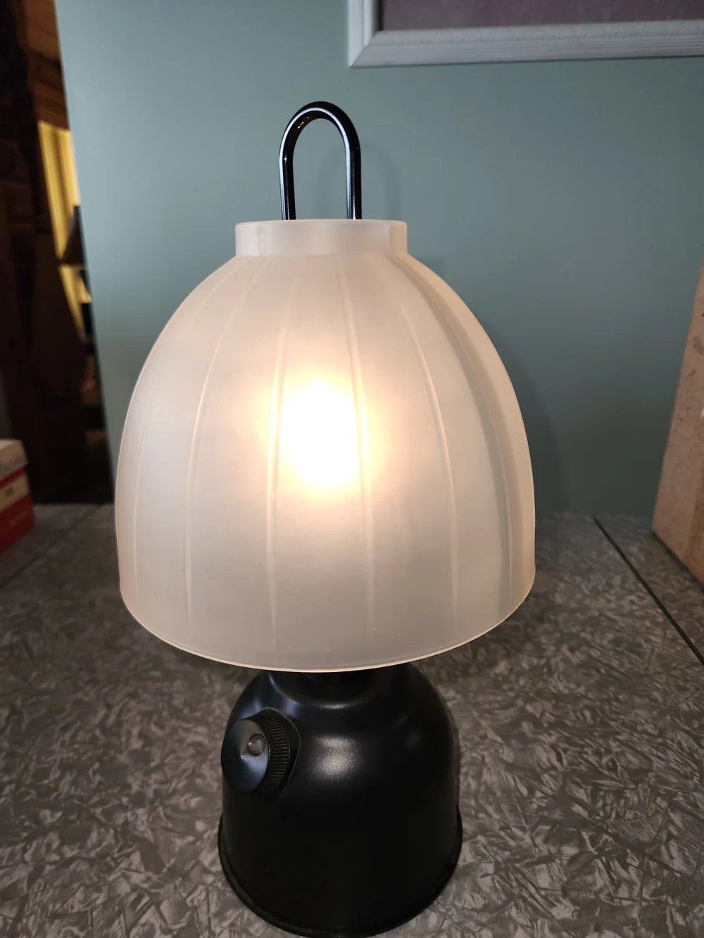Black Lantern Table Light with Frosted White Shade